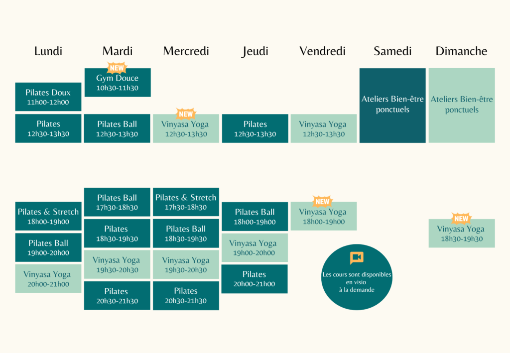 Planning hebdomadaire des cours de yoga, Pilates et bien-être au studio Arbol Flow.