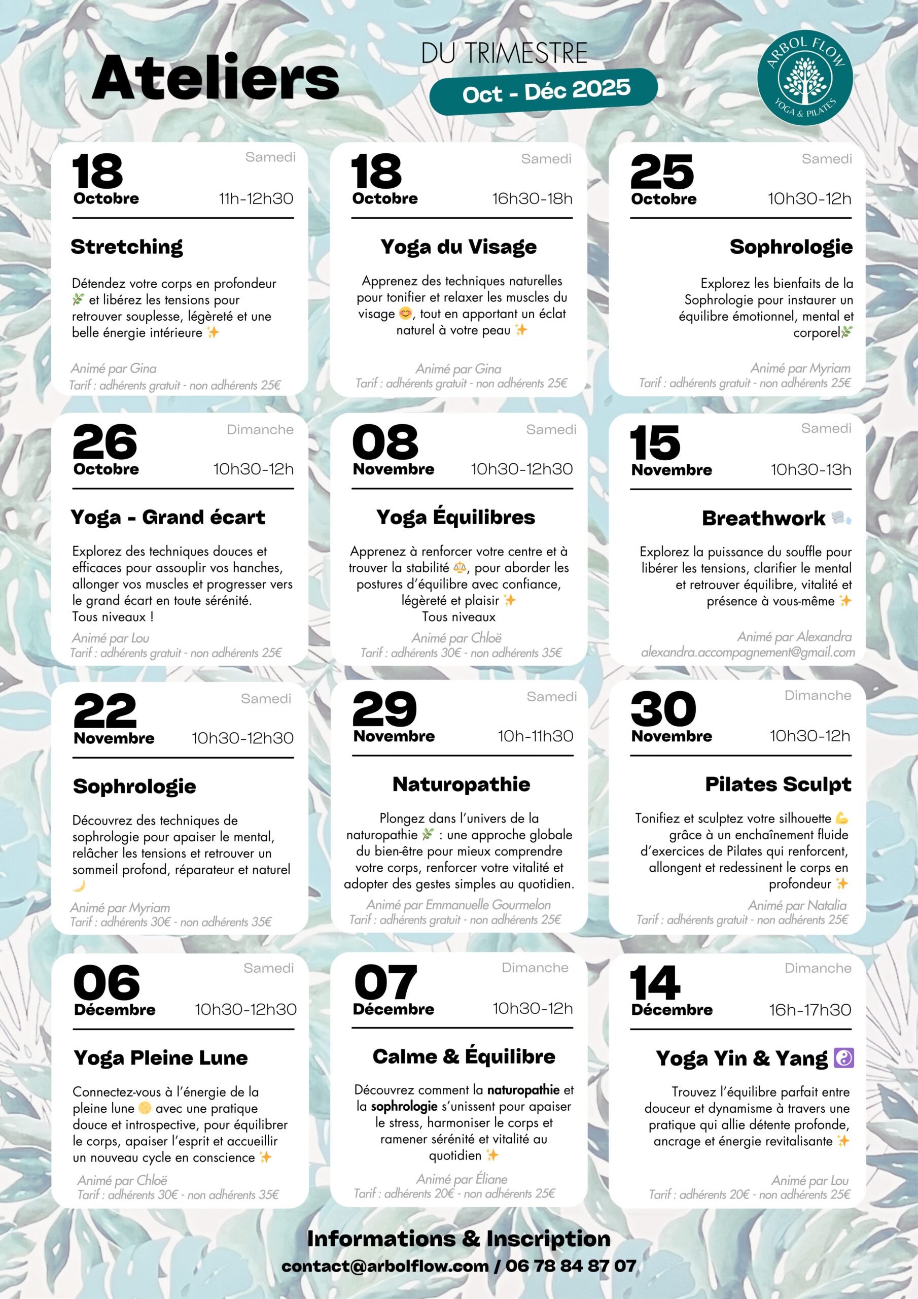 Calendrier des ateliers bien-être Arbol Flow à Lyon – sophrologie, naturopathie, yoga du visage, pleine lune et équilibre.