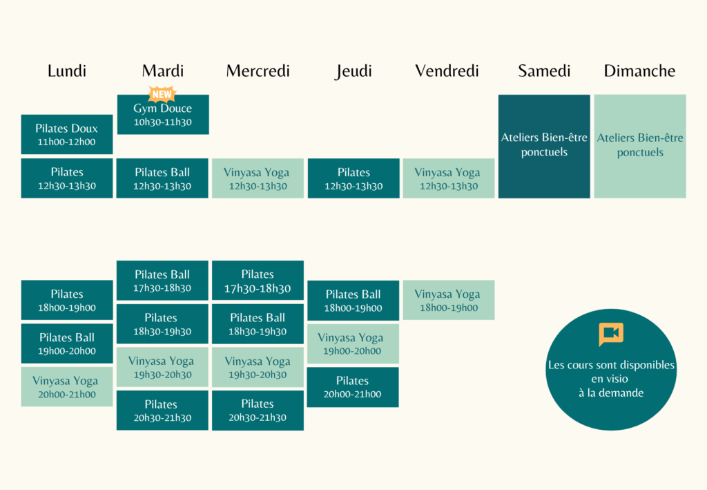 Planning hebdomadaire des cours de yoga, Pilates et bien-être au studio Arbol Flow.