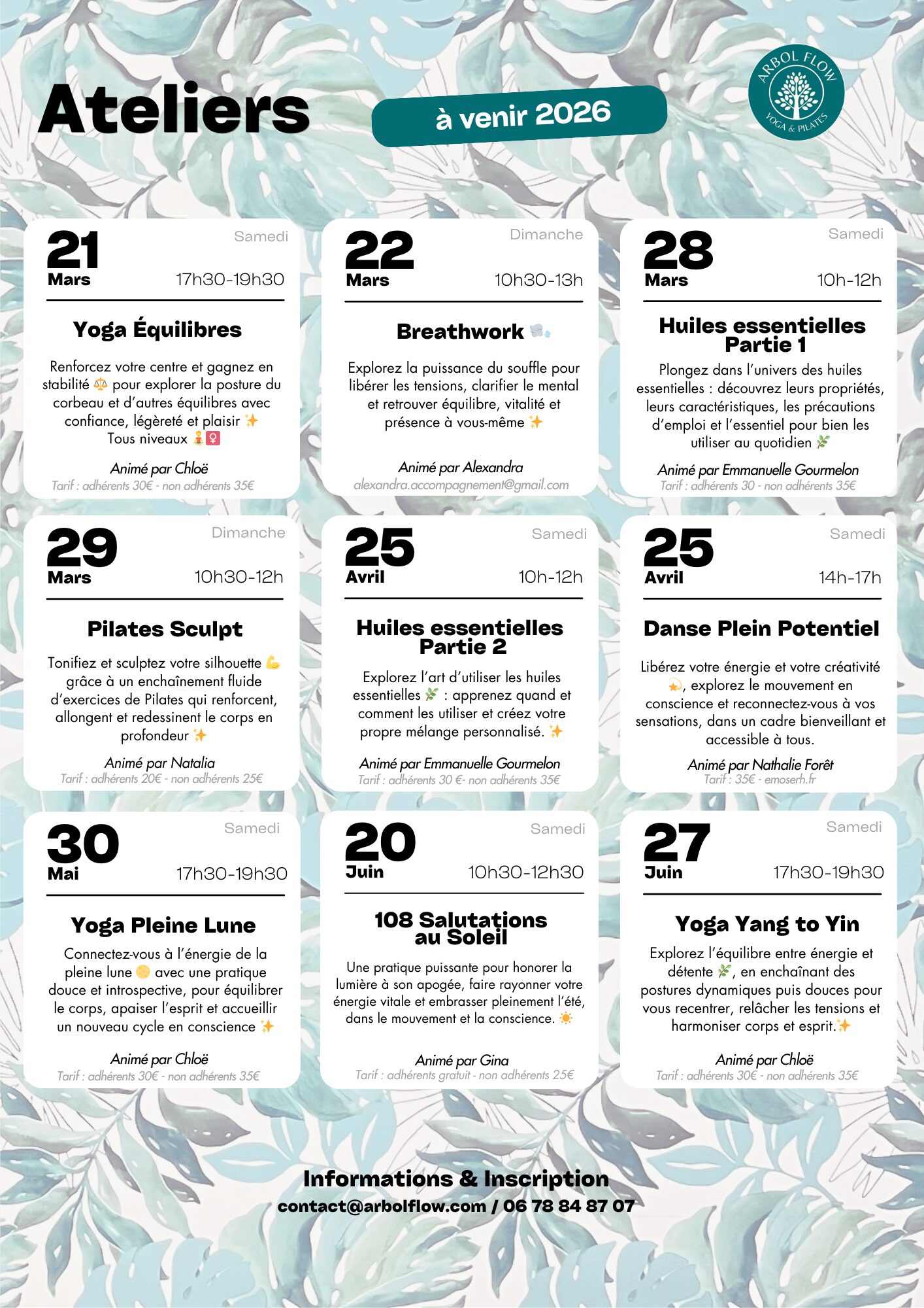 Calendrier des ateliers bien-être Arbol Flow à Lyon – sophrologie, naturopathie, yoga du visage, pleine lune et équilibre, danse plein potentiel, pilates sculpt.