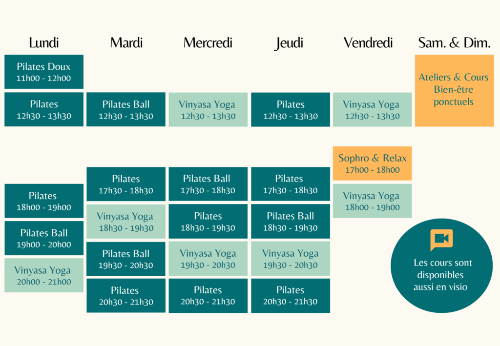 Planning hebdomadaire des cours de yoga, Pilates et bien-être au studio Arbol Flow.