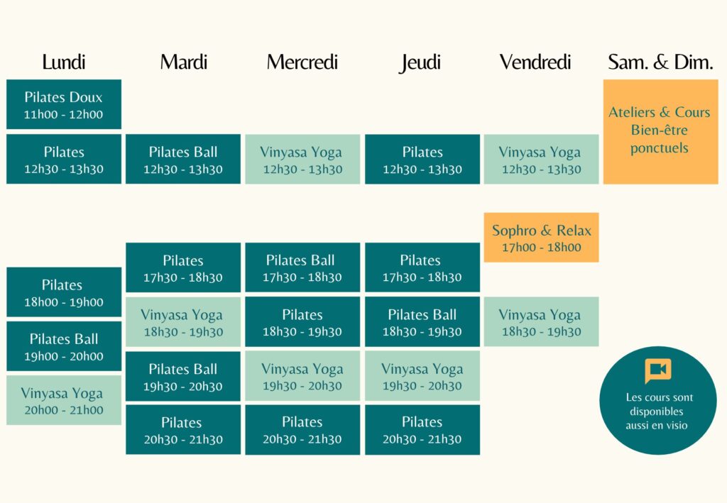 Planning hebdomadaire des cours de yoga, Pilates et bien-être au studio Arbol Flow.